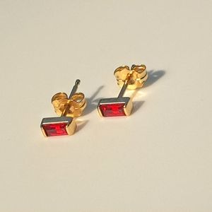 Lab-created Red Ruby Baguette Earrings, channel-set in 14k gold